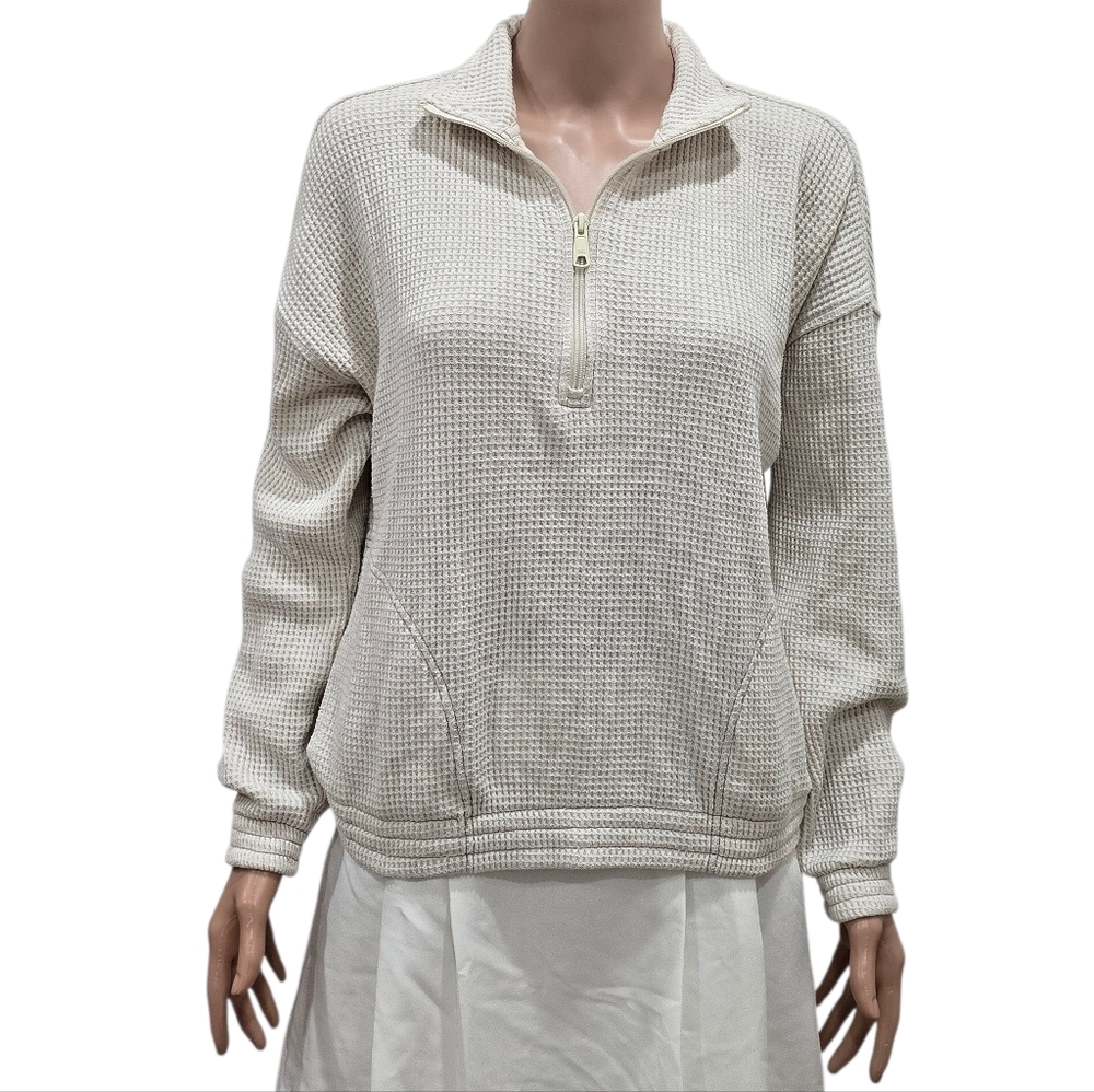 Aerie Waffle Quarter Zip Sweatshirt In Off White - Picture 3 of 8